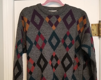 Vintage Bill Blass Signature Multi-Colored Diamond Patterned Wool Sweater, 100% Wool, 90s Style, Men's Sweater