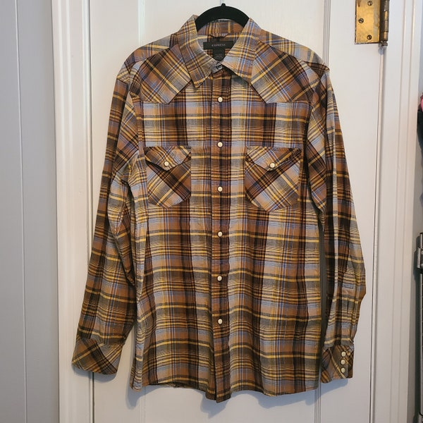 Vintage Pearl Snap Shirt, Western Cut, Express Brand, Made in Hong Kong, Plaid, Gold Thread, Cowboy, 80s, 90s