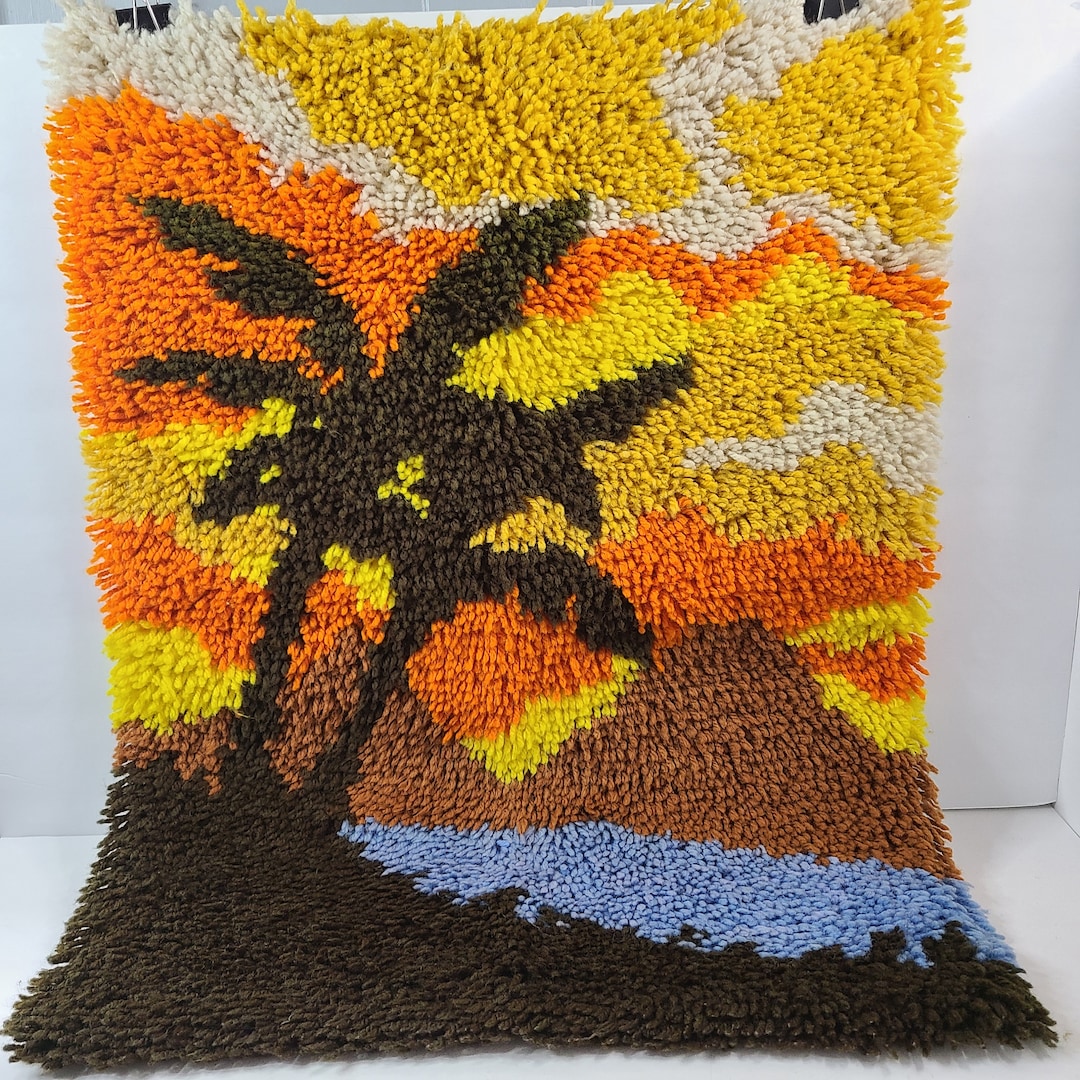 Vintage Latchhook Wall Hanging, Beach Scene, Island, Palm Trees, Sunset