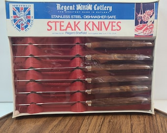 Vintage Regent-Sheffield Steak Knives, New In Box, 6 Knives, Stainless Steel, Dishwasher Safe, Mid Century Kitchen