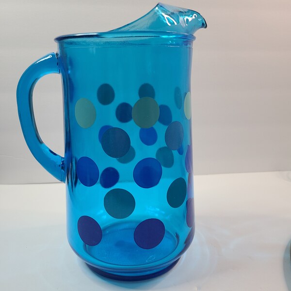 Vintage Libbey Blue Polka Dot Pitcher, Blue Glass, Assorted Color Blue Dots, Mid Century, Kitschy Kitchen, Mod