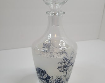 Vintage Glass Decanter, France, Verrerie Cristallerie D'Arques, Blue Graphic, Coach, River Scenes, Barware