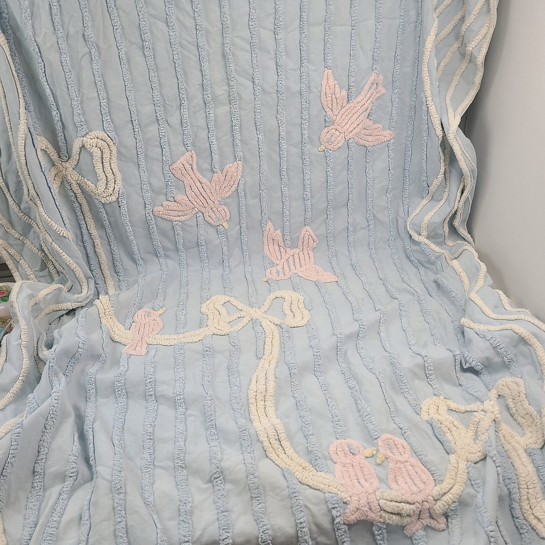 Vintage Chenille Baby Blanket Light Blue With Pink Birds and Etsy