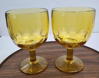 Vintage Amber Glass Thumbprint Goblets, Gold, 70s, Kitschy Kitchen, Barware