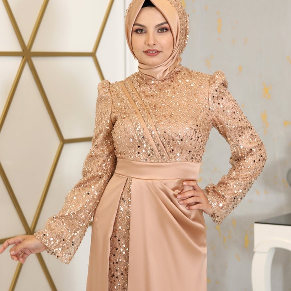 Şehrazat Evening Dress with Sequin Bead Embroidered Drape - Beige / Evening dress / Hijab dresses