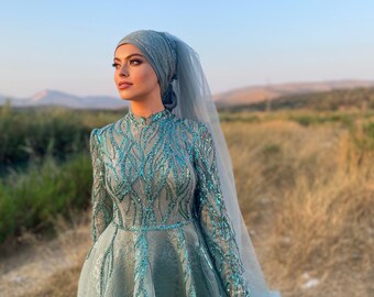 Çırağan Appliqué Gedetailleerde achterkant Kant Hijab-avondjurk - Mint / Avondjurken / Hijab-jurken