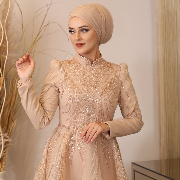 Evening Dress with Bead Detail Samyeli - Beige / Evening dresses / Hijab dresses