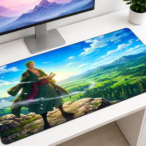 One Piece Zoro Mouse Pad, Roronoa Zoro Desk Mat, Anime Gaming Mousepad, XXL Extended Keyboard Pad, Swordsman Fan Gift