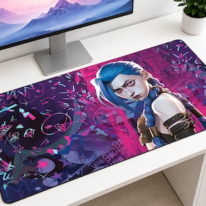 Jinx Mouse Pad, Arcane League of Legends Desk Mat, Blue Hair Gaming Mousepad, XXL Extended Keyboard Pad, LoL Fan Gift