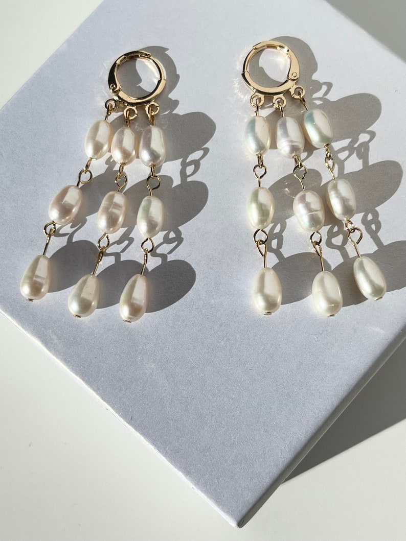 3 Linien Perlen Ohrringe, vergoldete Ohrringe, Braut Ohrringe, Hochzeit Ohrringe Bild 5