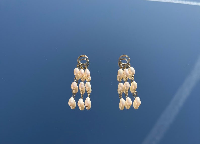 3 Linien Perlen Ohrringe, vergoldete Ohrringe, Braut Ohrringe, Hochzeit Ohrringe Bild 4