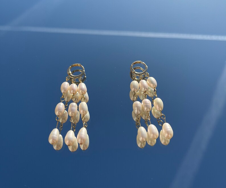 3 line pearl earrings, gold plated earrings, bridal earrings, wedding earrings image 3