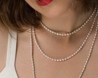 Fancy 3 lines pearls necklace, 4-4.5mm pearls necklace, cultured pearl necklace, handmade jewellery, French style, made in France