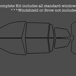May include: A black and white line drawing of a car's window layout. The image shows the placement of the side windows, rear windows, and back window. The text "Complete Kit includes all standard windows. *** Windshield or Brow not included." is at the top of the image.