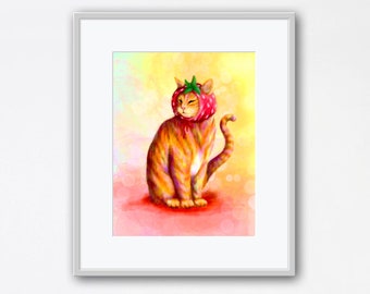 Strawberry Milk - Art Print / Cat Art / Strawberry Art / 5x7, 8x10 inch Prints