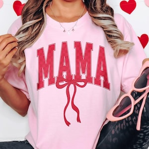 Valentine Mama Bow Shirt, Coquette Valentine Pregnancy Announcement Shirt, Unique Gift for Expecting Mom, Valentine&#39;s Day Maternity Tee