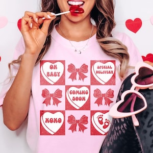 Coquette Candy Hearts Shirt, Valentine Pregnancy Announcement Shirt, Gift for Expecting Mom, Valentine&#39;s Day Maternity Tee