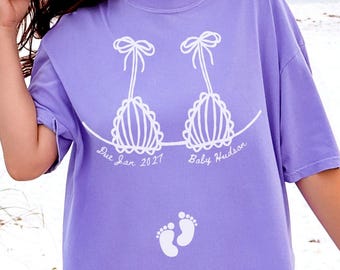 Personalized Beach Baby Reveal Comfort Colors Shirt, Bikini Pregnancy Announcement T-Shirt, Summer Maternity Tee with Due Date