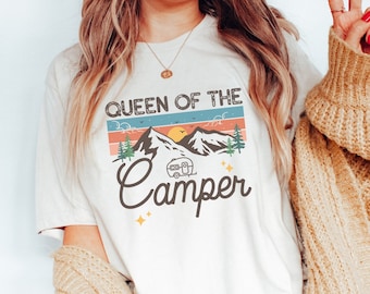 Queen of the Camper Shirt Glamping Gift for Mom Girls Camping Trip T Shirts Glamper TShirt Retro Camper Tee RV Funny Gifts for Campers