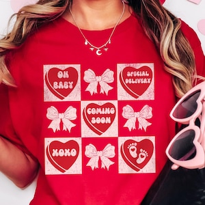 Coquette Candy Hearts Shirt, Valentine Pregnancy Announcement Shirt, Gift for Expecting Mom, Valentine&#39;s Day Maternity Tee