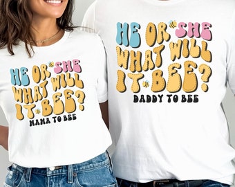 Custom He or She What Will Baby Bee Shirts Mama to Bee Gender Reveal Shirts Matching Family Group Shirts Auntie Keeper of the Gender T Shirt