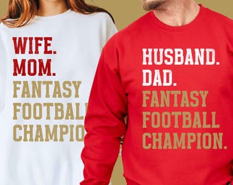 Husband Wife Fantasy Football Champion Shirts, Matching Couples San Francisco Football Tee, Funny Red Gold Game Day Shirt, Mom Dad Gift