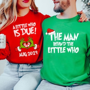 Grinchmas Couples Ciąża Bluza z kapturem Boże Narodzenie Święta Ujawnienie Płci Prezent dla Oczekujących Pasujący Baby Shower Okrągły Dekolt