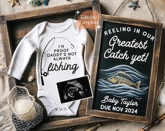 Haasten in onze grootste vangst Vissen Zwangerschap Aankondiging Digitale, Outdoorsy Fishing Baby Reveal Digitale sjabloon voor sociale media