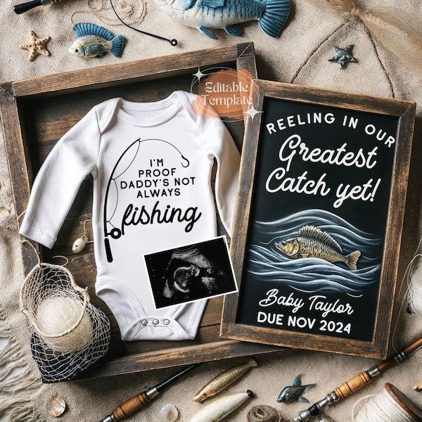 Reeling in our Greatest Catch Fishing Pregnancy Announcement Digital, Outdoorsy Fishing Baby Reveal Digital Template for Social Media