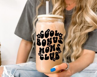 Cool Bonus Moms Club glazen frisdrankblikje, bonus moeder glazen beker, Moederdagcadeau, stiefmoeder cadeau van dochter, sentimenteel cadeau stiefmoeder