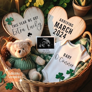 Extra Lucky Charm St Patrick Digital Pregnancy Announcement March Baby Reveal Instant Download Saint Paddy Editable Template Gender Neutral