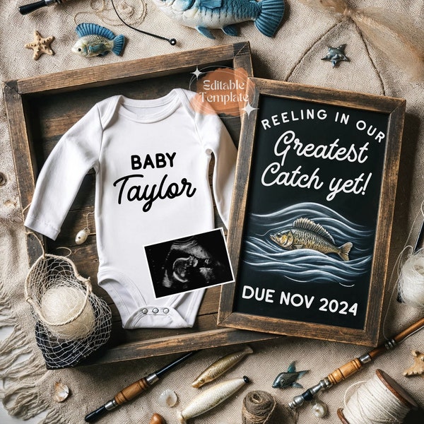 Reeling in our Greatest Catch Fishing Pregnancy Announcement Digital, Outdoorsy Fishing Baby Reveal Digital Template for Social Media