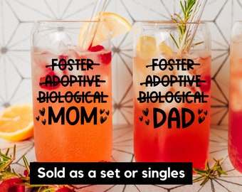 Geschenk für Pflegeeltern, Pflegemutter und Pflegevater Glasdosen Becher Set Ankündigung, Muttertag Vatertagsgeschenk für Adoptiveltern