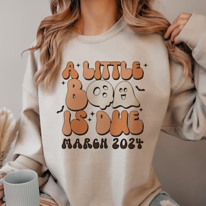 Custom A Little Boo Is Due Halloween Pregnancy Announcement Sweatshirt Trick Treats Sweater Spooky Personalized Maternity Gift for Expecting