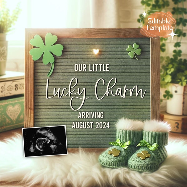 Lucky Charm St Patrick Digital Pregnancy Announcement March Baby Reveal Instant Download Leprechaun Baby Editable Template Gender Neutral