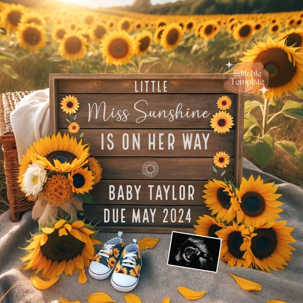 Sunflower Girl Gender Reveal Template, Miss Sunshine Pregnancy Announcement, Spring Summer It's a Girl Instant Digital Download