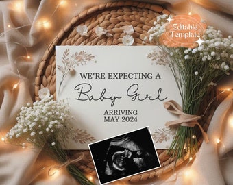 Może przedstawiać: Karta z ogłoszeniem z tekstem "WE'RE EXPECTING A Baby Girl ARRIVING MAY 2024" otoczona jest białymi kwiatami i zielenią. Poniżej tekstu wyświetlany jest obraz USG. Karta umieszczona jest na wiklinowym koszu i draperowanej tkaninie.