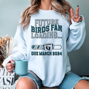 Bluza z nadrukiem drużyny futbolowej Philadelphia Football Team z informacją o ciąży, fani ptaków, ładowanie, koszulka ciążowa, sportowa, ujawniająca płeć, okrągły dekolt, prezent na baby shower