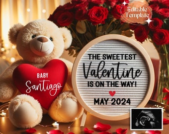 Annonce de grossesse numérique la plus douce de la Saint-Valentin Février Baby Reveal Téléchargement instantané Modèle modifiable pour bébé de la Saint-Valentin Non sexiste