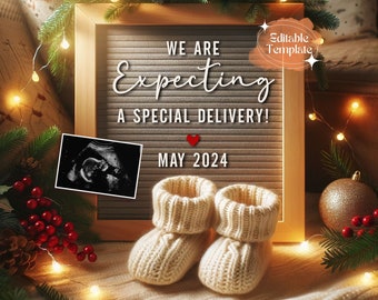 Gender Neutral Christmas Pregnancy Announcement Digital, Holiday Special Delivery Baby Reveal Digital, Instant Download Editable Template