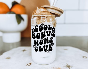 Coole bonus moeders club glazen beker, bonus moeder glazen beker, Moederdagcadeau, stiefmoeder cadeau van dochter, stiefmoeder sentimenteel cadeau