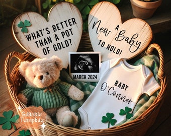 Extra Lucky Charm St Patrick Digital Pregnancy Announcement March Baby Reveal Instant Download Saint Paddy Editable Template Gender Neutral