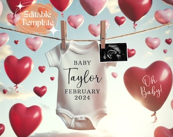 Annonce de grossesse de février Digital Valentines Day Baby Reveal Téléchargement instantané Gender Neutral Editable Template Minimalist Baby Reveal