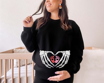 Sweat-shirt squelette de squelette enceinte mignon, Gothic Valentines Day Annonce de grossesse Sweat-shirt, Spooky Maternity Crewneck jumper