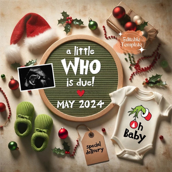 Grinchmas Digital Pregnancy Announcement, A Little Who Is Due Christmas Social Media Baby Reveal, Instant Download Editable Template