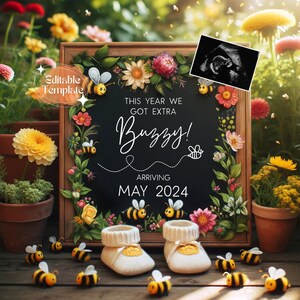 Extra Buzzy Pregnancy Reveal Template, Gender Neutral Bumble Bee Pregnancy Announcement, Spring Baby Instant Digital Download