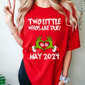 Niestandardowa koszulka Twins Grinchmas z informacją o ciąży, świąteczna, wygodna, kolorowa, świąteczna, ciążowa, ciążowa, filmowa, świąteczna, ujawniająca płeć