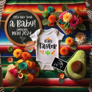 Plantilla digital de anuncio de embarazo de Taco Bout A Baby, revelación de bebé del Cinco de Mayo de género neutro, revelación de bebé mexicano para las redes sociales