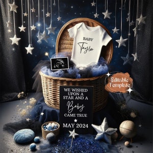 Shooting Star Pregnancy Announcement Digital Over the Moon Baby Announcement For Social Media It's a Boy Reveal Instant Download Template