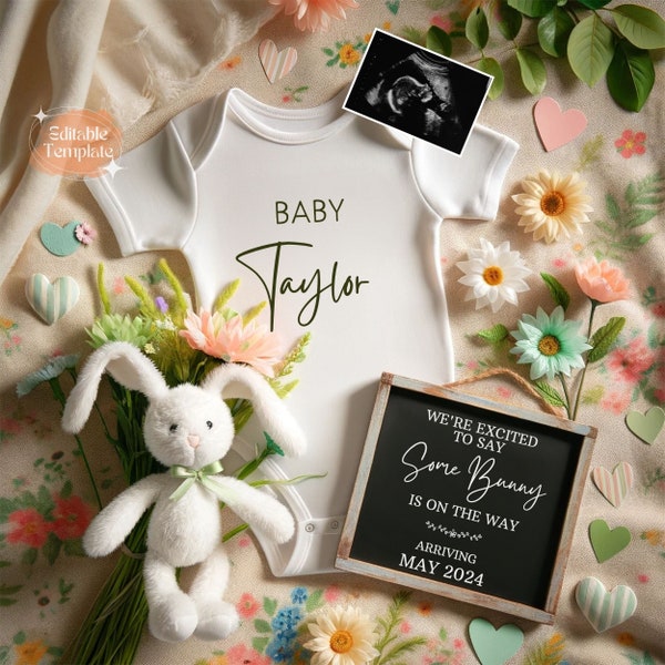 Easter Pregnancy Announcement Digital Download Some Bunny is On The Way Baby Announcement Spring Reveal Editable Template for Social Media